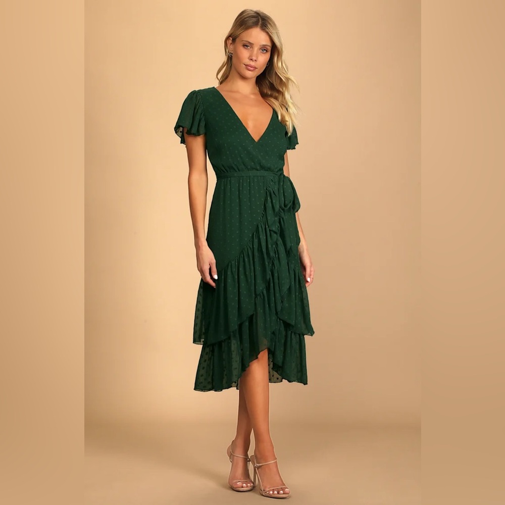 NWT Lulus Have Harmony Dark Green Swiss Dot Ruffled
Faux Wrap Midi Dress size S